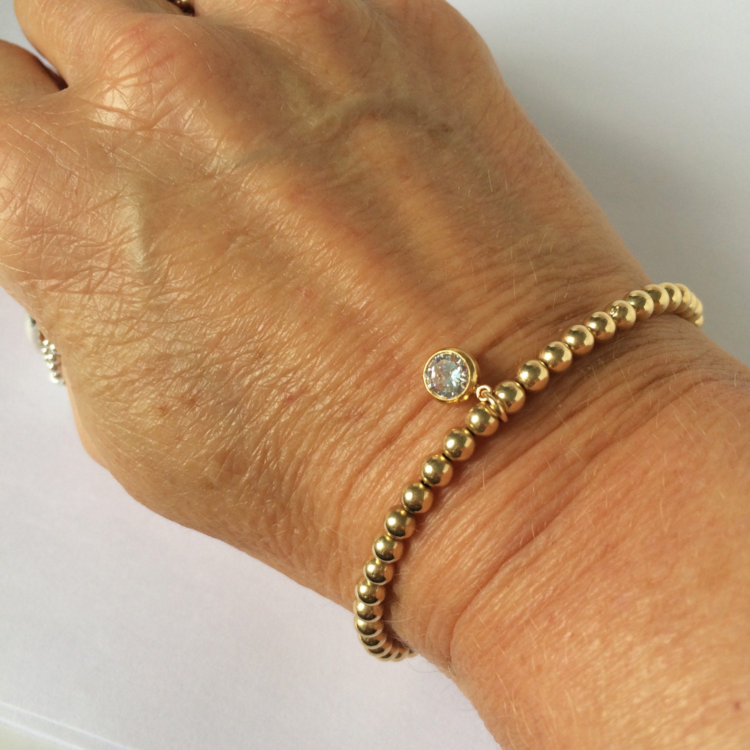 14k Gold Filled Bead Bracelet with Charm 4mm Beaded Stretch Etsy