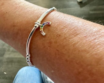 Sterling Silver Rainbow Bracelet, Beaded Charm Bracelets for Women, Stretch 4mm Bead Bracelet, UK Handmade Gift, Custom Sizes, Gift Boxed