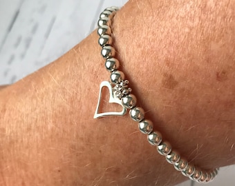 Sterling Silver Bracelets for Women, Open Heart Bracelet, UK Handmade 4mm Stretch Beaded Gift for Her in Gift Box, Custom Sizes