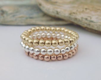 Slim Stacking Beaded Rings in Sterling Silver, Rose Gold or Gold Toes, Thumbs, UK Handmade Stretch Rings for Women, 2.5mm Ball Bead