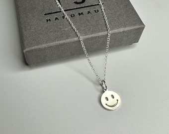 Smiley Face Necklace, Sterling Silver Necklace for Women, UK Handmade Gift for Girls, Custom Sizes, Gift Boxed
