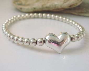 Sterling Silver Stretch Beaded Heart Bracelets for Women, UK Handmade Gift for Her, Sweetheart Bangle, Custom Sizes, Gift Boxed