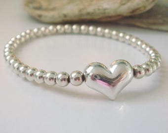 Sterling Silver Heart Bead Bracelets for Women, Handmade Stacking Sweetheart Bangle, Custom Sizes, Gift Box