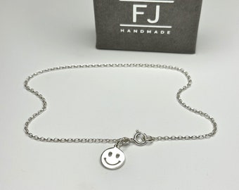 Sterling Silver Ankle Bracelets for Women, Silver Smiley Face Anklet, Ankle Chain with Charm, UK Handmade, Custom Sizes