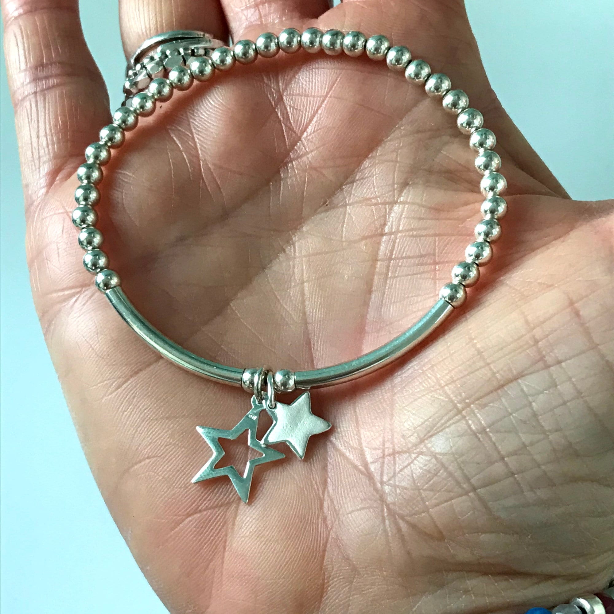 Sterling Silver Star Bracelet Double Star Charms Stretch Beaded