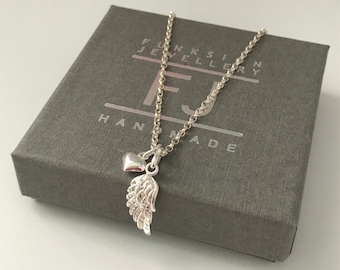 Sterling Silver Angel Wing Heart Necklace, Heart of an Angel Charms Necklace, UK Handmade Gift for Women, Custom Sizes, Gift Boxed