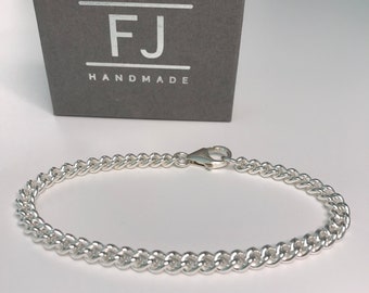 Sterling Silver Bracelets, Solid 925 Silver Curb Chain Bracelet with Clasp, UK Handmade Gift for Men / Women, Custom Sizes