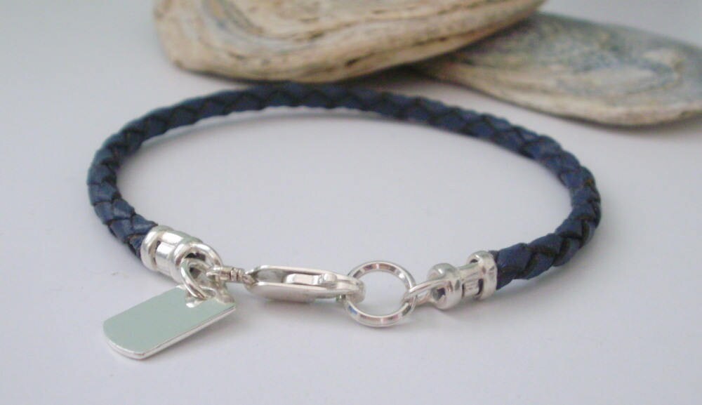 Mens Blue Leather Bracelet, Mens Charm Bracelet, Sterling Silver Dog Tag Charm, Navy Leather