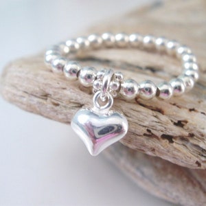 Sterling Silver Stretch Beaded Rings for Women, Heart Charm Ring, UK Handmade Gift for Her, Custom Sizes, Gift Box, 2.5mm Beads