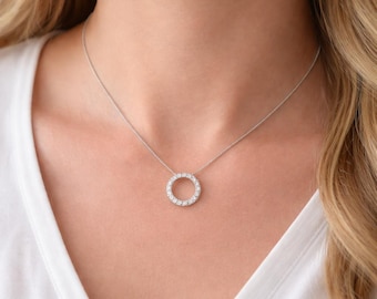 Sterling Silver Circle Necklace, Cubic Zirconia Pendant on Box Chain