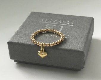 Gold Beaded Ring & Charm, 14k Gold Filled Stretch Stacking Ring with Heart, UK Handmade Gift for Women, Custom Sizes, Gift Box, 2.5mm beads
