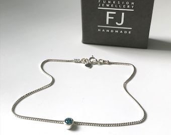 Sterling Silver Anklet, Sparkly Box Chain Ankle Bracelet with Blue or Clear Slider, UK Handmade, Gift for Women, Custom Sizes