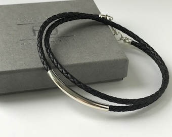 Mens Leather Necklace with Sterling Silver Tube Bead, Brown or Black Leather Braid Thong, UK Handmade Gift for Him in Gift Box, Custom Sizes