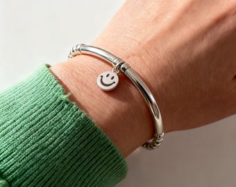 Sterling Silver Smiley Face Bracelet: Beaded Stretch Charm, Handmade