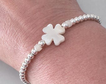 Sterling Silver Clover Bracelet: Mother of Pearl Beaded Charm, Handmade UK, 4mm Beads