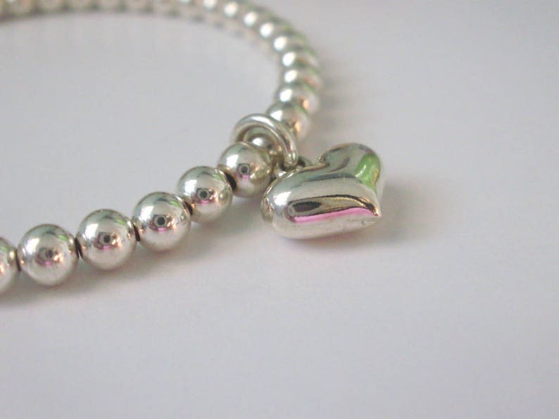 Silver Bead Bracelet Sterling Silver Heart Charm Handmade Custom Sizes 4mm beads Stretch UK Gift for Women Beaded