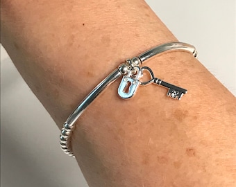 Sterling Silver Bead Bracelets for Women, Key & Padlock Charms, UK Handmade Gift for Her, Custom Sizes, Gift Boxed, Stretch Bracelet