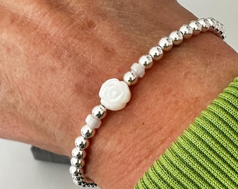 Sterling Silver Bracelets for Women, Carved Mother of Pearl Flower Bead, UK Handmade Gift, 4mm Stretch Bracelet, Custom Sizes Gift Box *New*