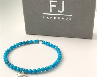 Turquoise Howlite Bead Bracelet: Sterling Silver Heart Charm, Handmade