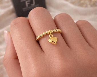 Gold Filled Beaded Ring with Heart Charm, Handmade Stacking Ring