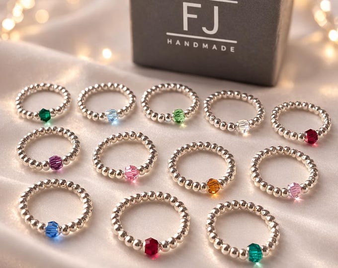 Featured listing image: Sterling Silver Birthstone Ring: Beaded Crystal Stacking Ring