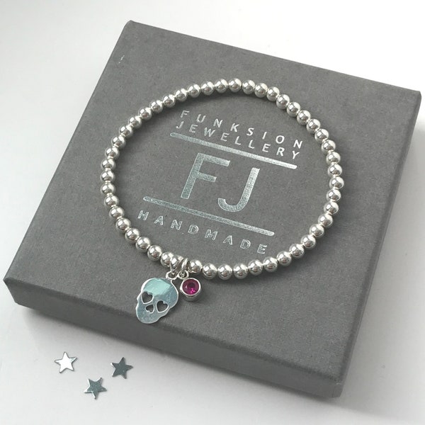 Sterling Silver Sugar Skull Bracelet & Birthstone Charm, Stretch Beaded Bracelet, UK Handmade Gothic Jewellery Gift for Women, Custom Sizes