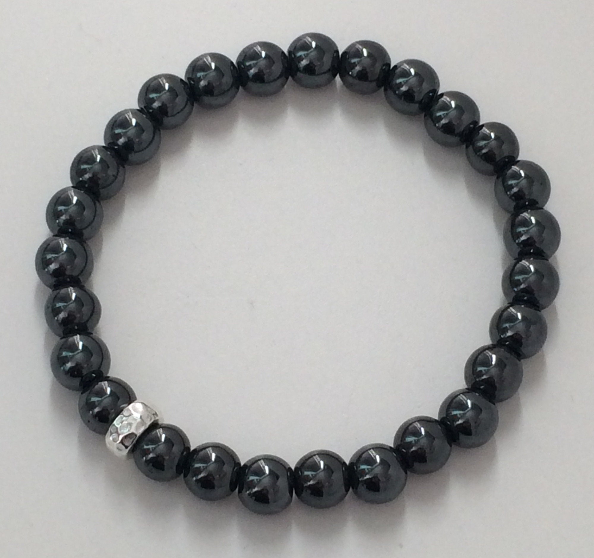 Mens Stretch Bracelet, Sterling Silver & Dark Grey 8mm Hematite Beaded ...