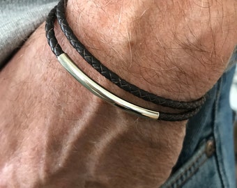 Mens Leather Wrap Bracelet, Sterling Silver Beaded Wristband in Black or Brown Leather Braid, UK Handmade, Custom Sizes, Gift Boxed