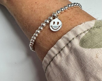 Sterling Silver Smiley Face Bracelet, Stretch Beaded Bracelet, UK Handmade Gift for Women, 4mm Beads, Custom Sizes