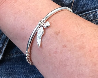 Sterling Silver Angel Wing Charm Bracelet, Meaningful Gift for Her: Beaded Stretch Jewellery