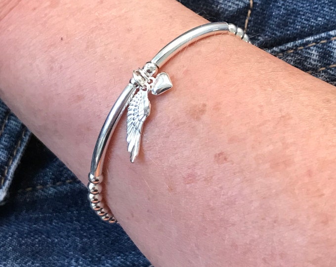 Featured listing image: Sterling Silver Angel Wing Charm Bracelet, Meaningful Gift for Her: Beaded Stretch Jewellery
