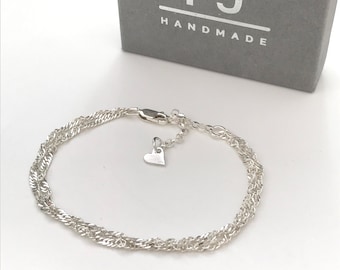 Sterling Silver Bracelet, Sparkly Twisted Chain Bracelet, UK Handmade Gift for Women, Optional Heart Extender, Custom Sizes, Gift Box