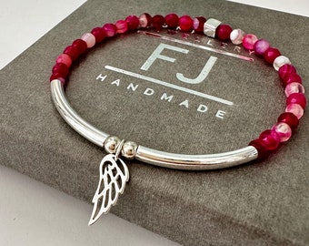 Pink Agate & Sterling Silver Angel Wing Charm Bracelet, Stretch 4mm Beaded Bracelet, UK Handmade Gift for Women, Custom Sizes, Gift Boxed