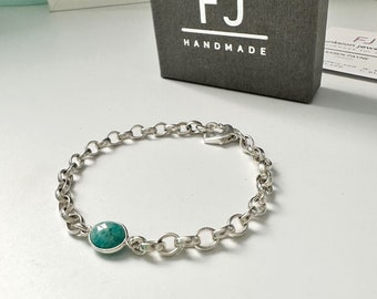 Sterling Silver Bracelets for Women, 925 Belcher Bracelet with Amazonite Gemstone Connector, UK Handmade Gift for Women, Custom Sizes