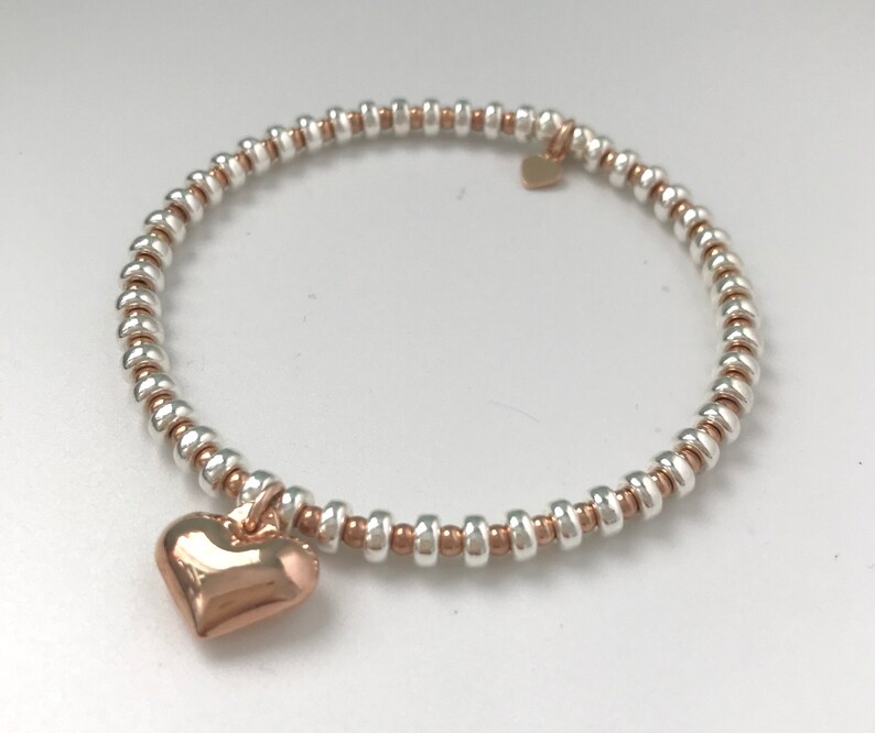 Sterling Silver Rose Gold Bead Bracelet Heart Charm Stretch Etsy