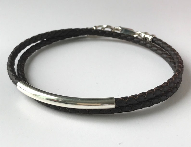 Mens Leather Wrap Bracelet, Sterling Silver Beaded Wristband in Black or Brown Leather Braid, UK Handmade, Custom Sizes, Gift Boxed image 3