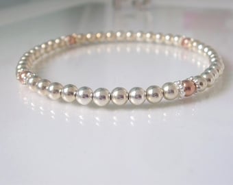 Sterling Silver and Rose Gold Bracelet, Stretch Beaded Bracelet, UK Handmade Gift for Women, Custom Sizes, Gift Boxed, 4mm Beads