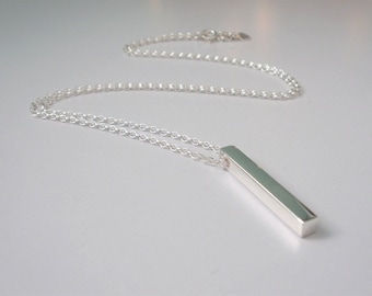 Solid 925 Sterling Silver Bar Necklace, Handmade 3D Vertical Column Pendant Gift for Women in Gift Box