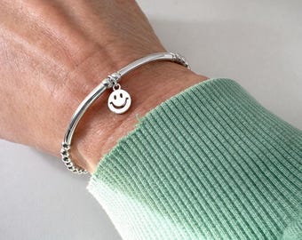 Sterling Silver Smiley Face Bracelet: Beaded Stretch Charm, Handmade