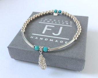 Sterling Silver Bracelets for Women, Lucky Feather Charm and Turquoise Beaded, UK Handmade Gift for Her, Custom Sizes, Gift Boxed