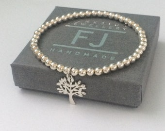 Sterling Silver Tree of Life Charm Bracelet, UK Handmade Gift for Women, Custom Sizes, 4mm Beaded Stretch Bracelet, Gift Boxed
