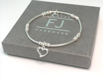 Sterling Silver Heart Bracelet, UK Handmade Stretch Beaded Bracelet, Gift for Women, Heart Charm Bracelet, Custom Sizes, Gift Boxed