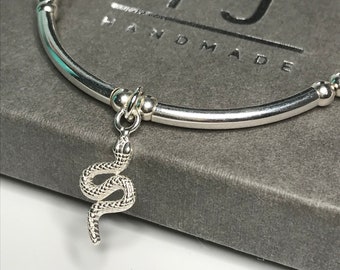 Sterling Silver Beaded Bracelets for Women with Snake Charm, UK Handmade Gift for Her, Stretch 4mm Bead Bracelet, Custom Sizes, Gift Boxed