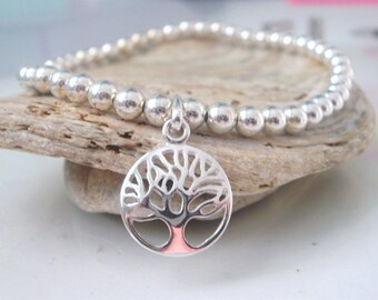 Sterling Silver Beaded Bracelet, Tree of Life Charm, UK Handmade Gift for Women, Gift Boxed, Custom Sizes