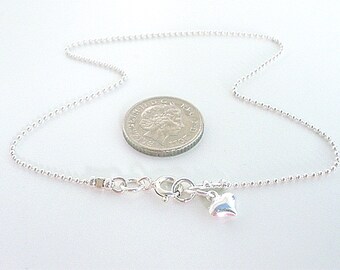 Sterling Silver Anklet for Women, Bracelet for Women with Heart Charm, Dainty Bead Chain, UK Handmade Gift, Custom Sizes, Gift Boxed