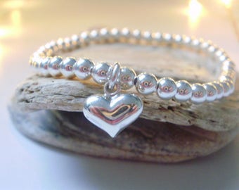 Sterling Silver Heart Bracelet for Women, Stretch Beaded Puffed 3D Love Heart Charm Bracelets, UK Handmade Gift, Custom Sizes, Gift Boxed