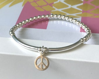 Peace Sign Bracelet, Sterling Silver Bracelets Gift for Women, UK Handmade Stretch Beaded Ball Bracelet, 4mm Beads, Custom Sizes, Gift Boxed