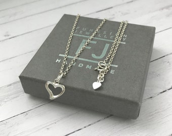 Sterling Silver Heart Necklace, Solid Silver Choker with Open Heart Pendant, UK Handmade, Custom Sizes, Gift Boxed