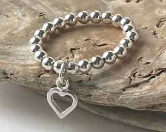 Sterling Silver Bead Rings, Stretch Stacking Beaded Ring with Charm, UK Handmade Gift for Women, Custom Sizes, Gift Boxed Ring