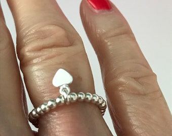 Sterling Silver Beaded Rings for Women, Beaded Heart Charm Stretch Stacking Ring, UK Handmade Gift for Her, 2.5mm Beads